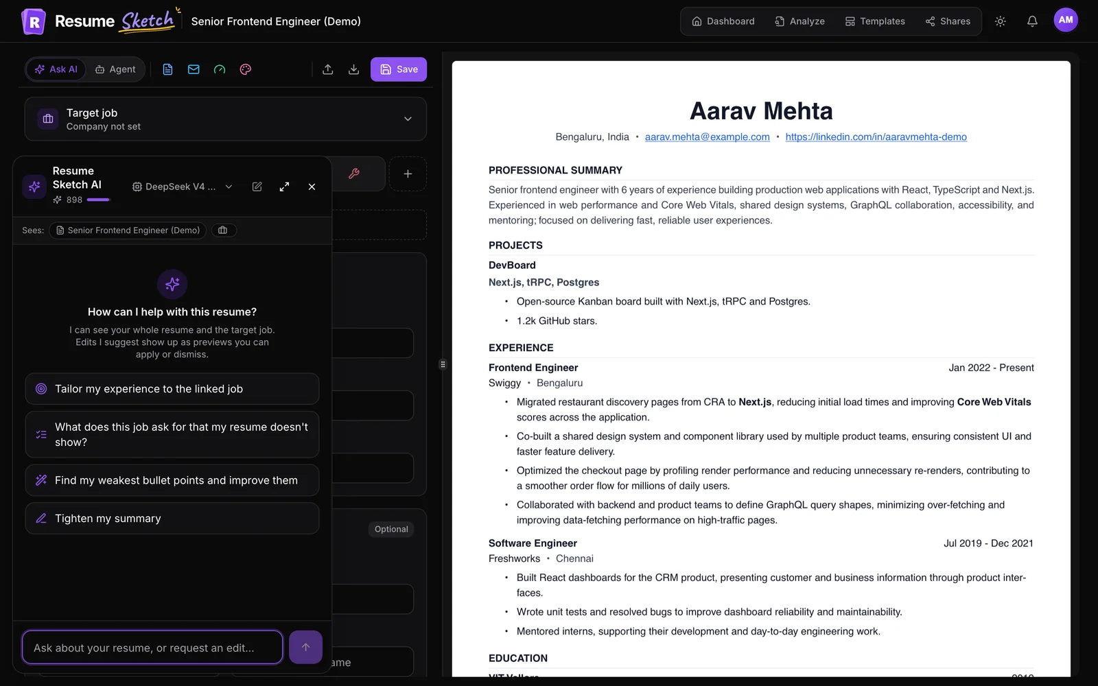 The Ask AI assistant panel in the resume editor