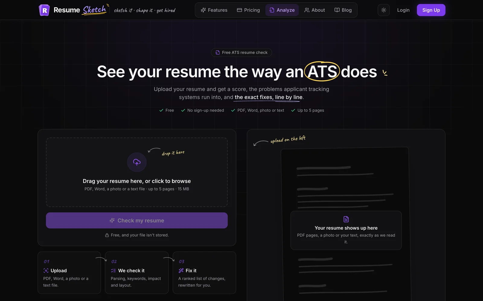 The free ATS resume analyzer upload page