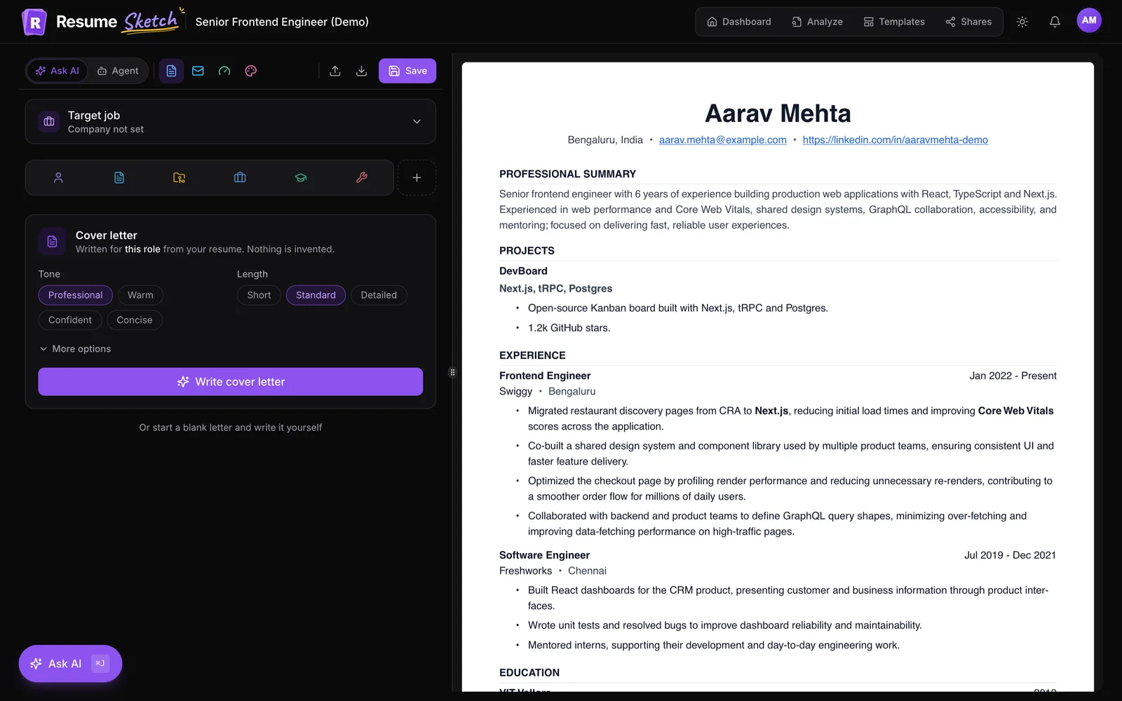 Writing a cover letter with AI in the editor