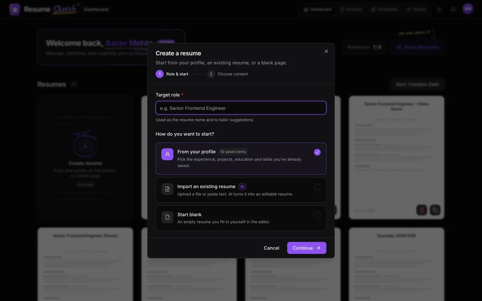 The Create resume dialog: from your profile, an old resume or a blank page