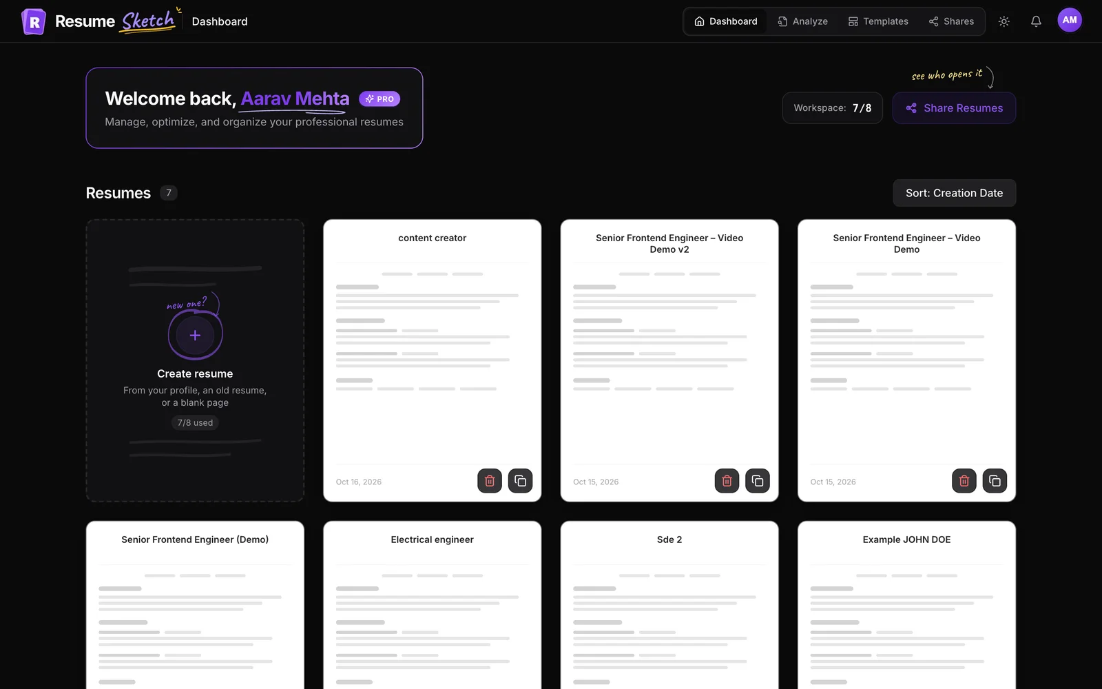 The Resume Sketch dashboard with resume cards