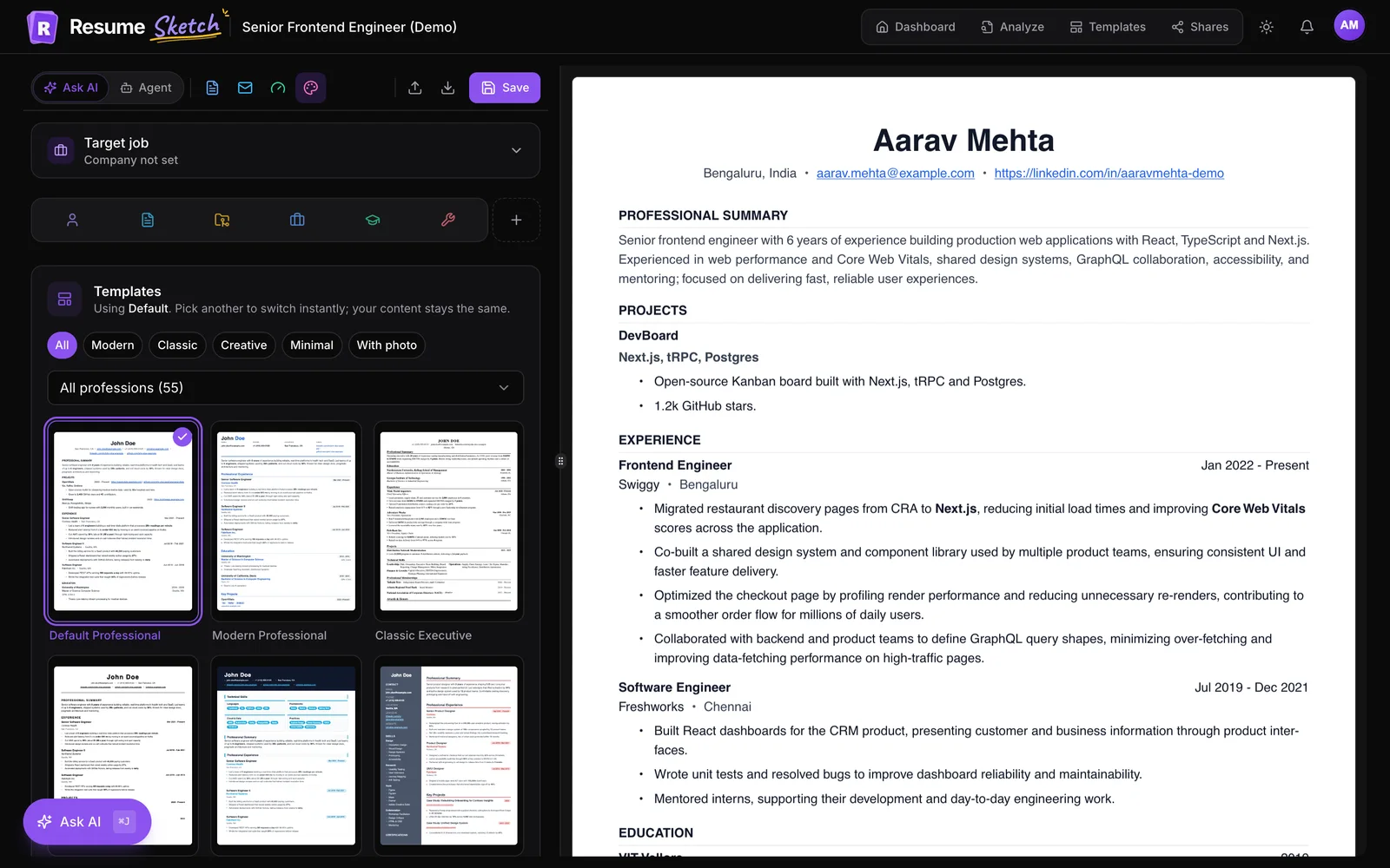 The Design tab in the editor: switch templates with style and profession filters