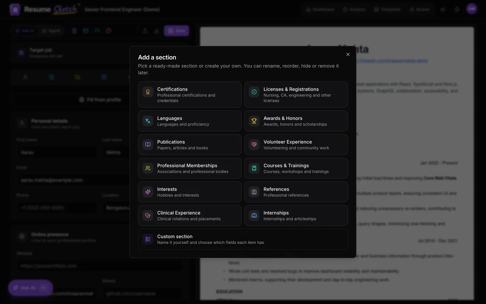 Resume sections in the editor, with the option to add sections