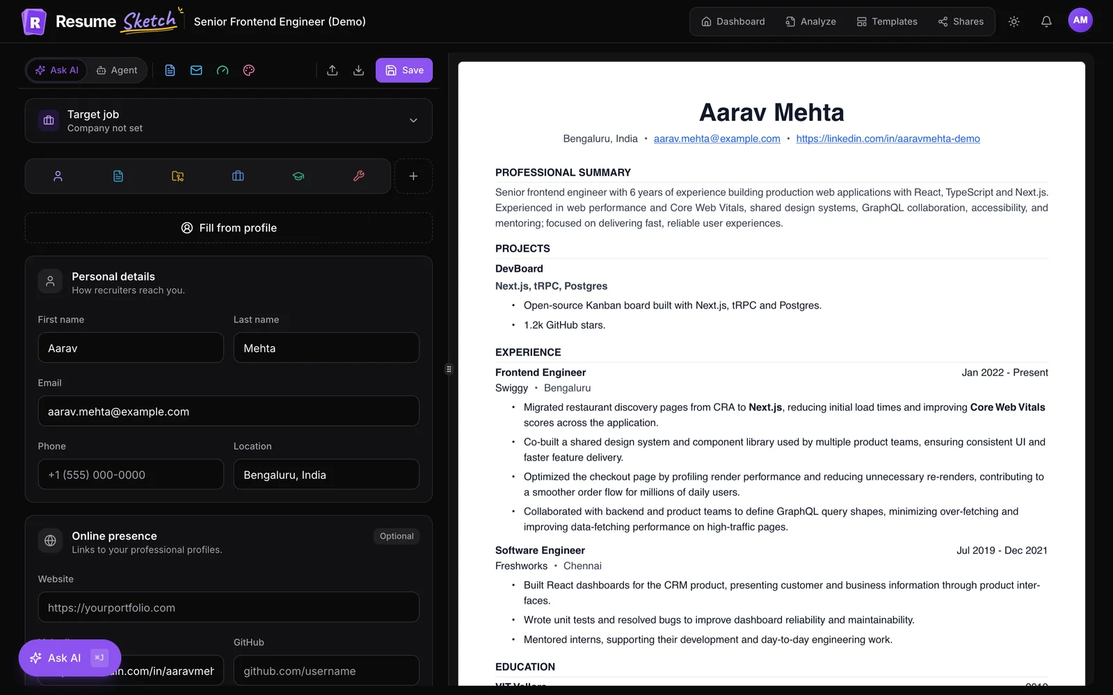 The Resume Sketch editor with section forms on the left and a live PDF preview on the right