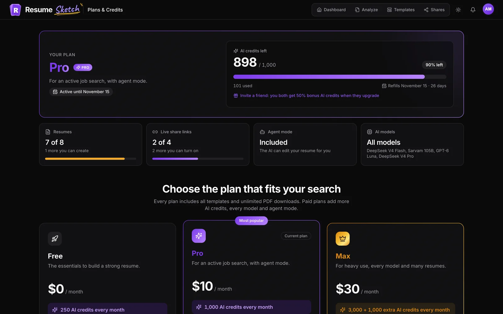 Plans and AI credits page