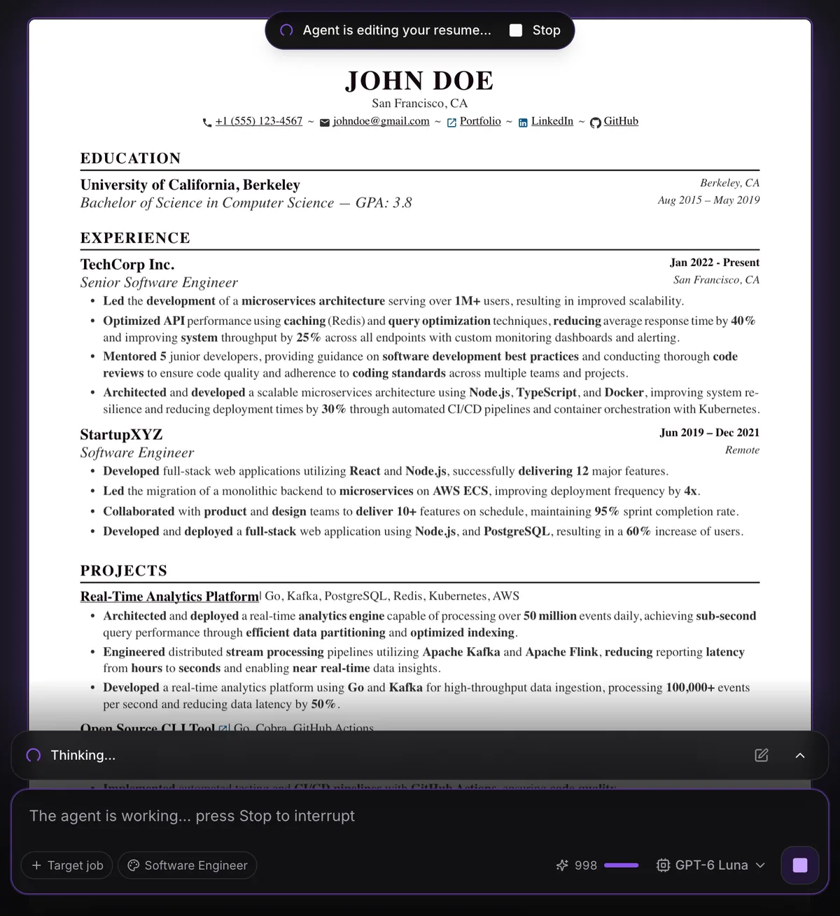 The Resume Sketch agent editing the resume