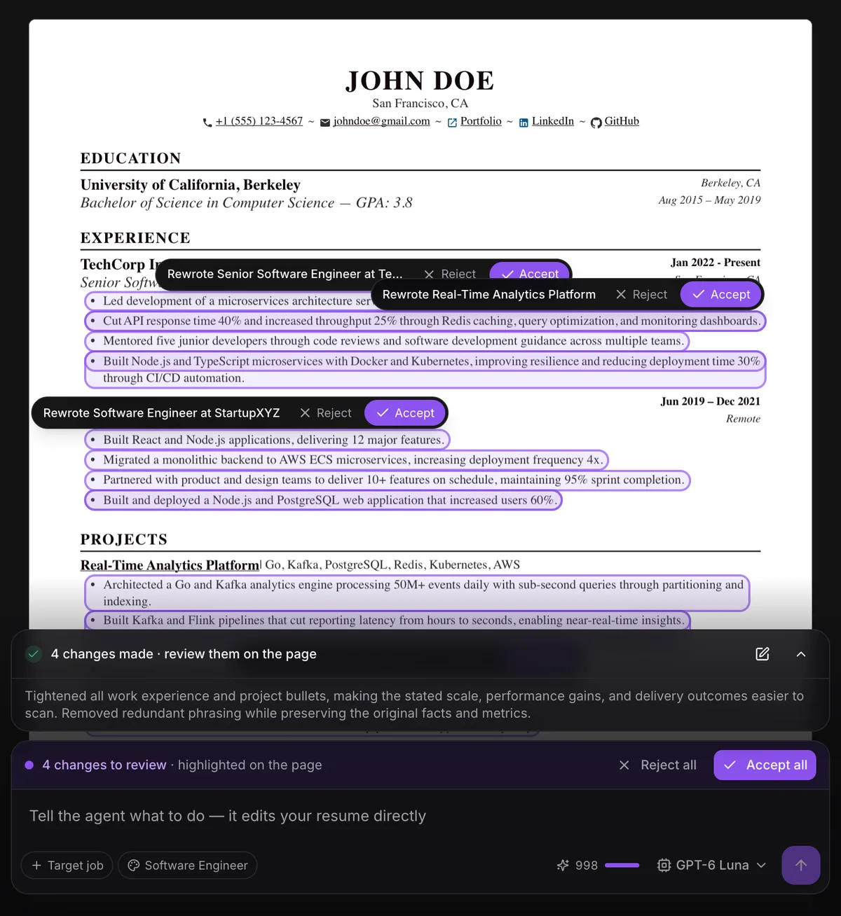 Every change the agent made, highlighted with Accept and Reject