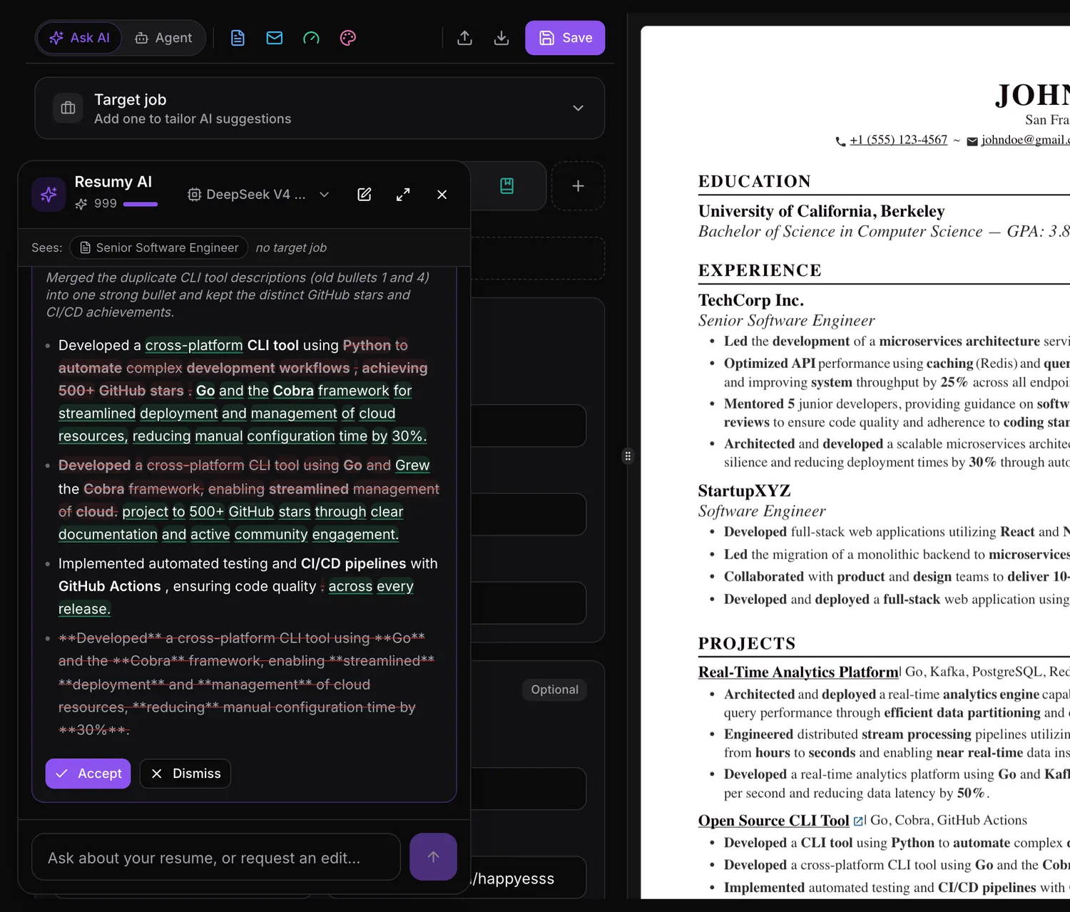 Resume Sketch AI suggesting stronger bullet points, with Accept and Dismiss