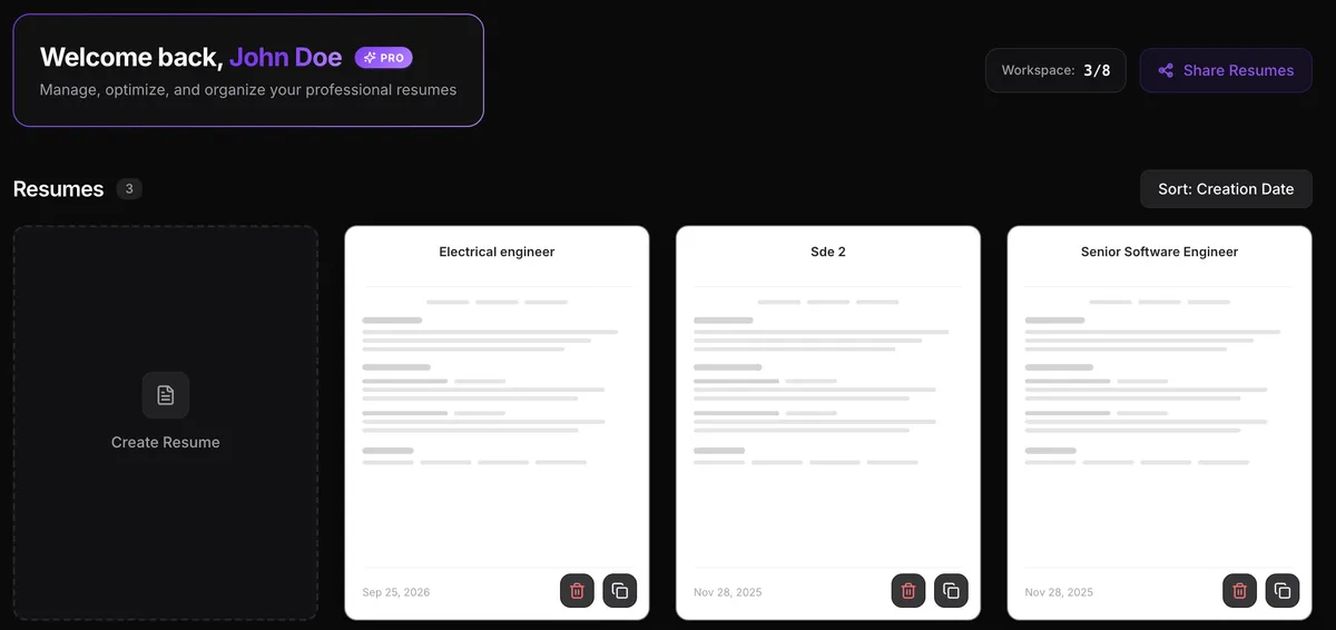 The Resume Sketch dashboard with all your resumes