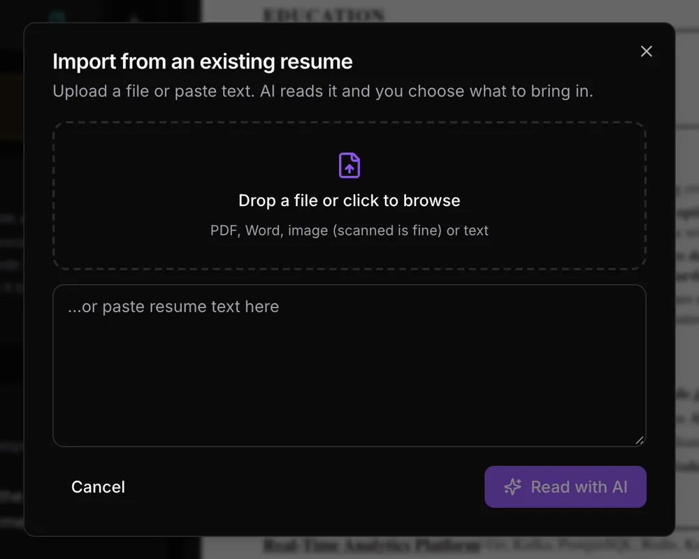 Import from an existing resume: drop a file or paste text
