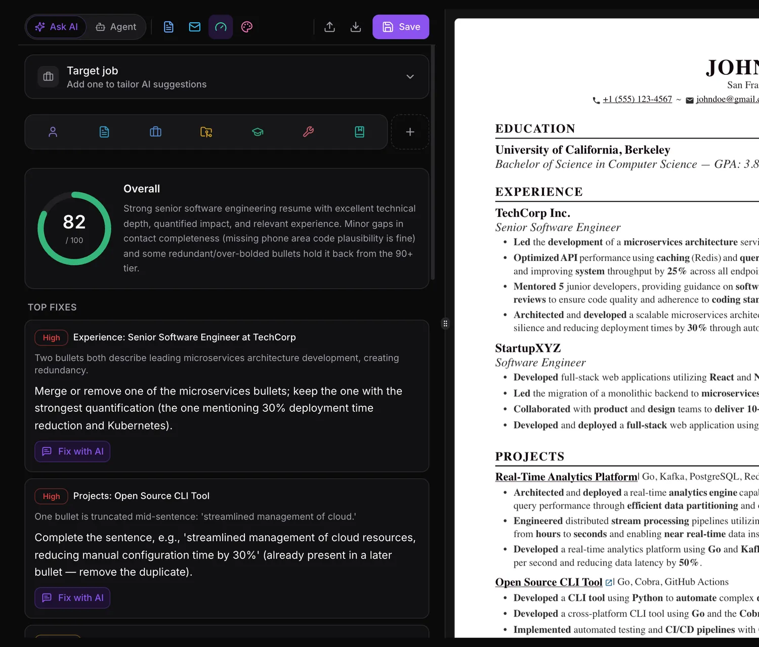 Resume score of 82 with a ranked list of fixes