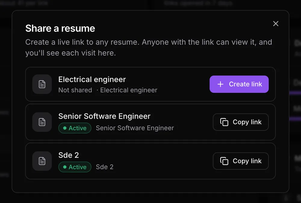 Share a resume: create a live link in one click